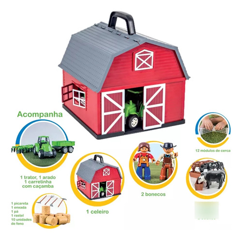 Brinquedo Fazendinha 40 Peça Celeiro Bonecos Trator Poliplac 40