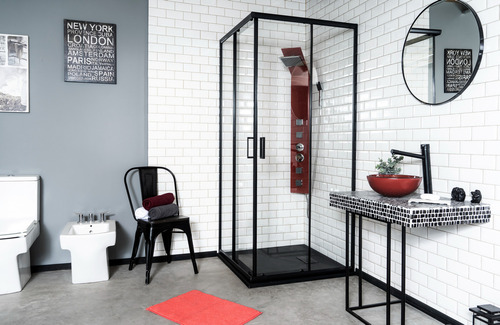 Box De Ducha Mampara Gorena York 90cm Cabina Recta S/base Armazón Negro Panel transparente