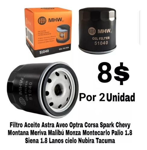 2 Filtro Aceite Montana Chevy Pikup Cavalier Astra Acdelco