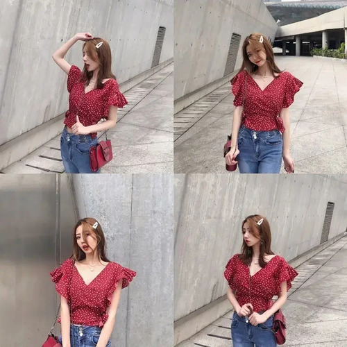Blusa Corta Sin Mangas De Chifón Con Cuello En V Y Lunares