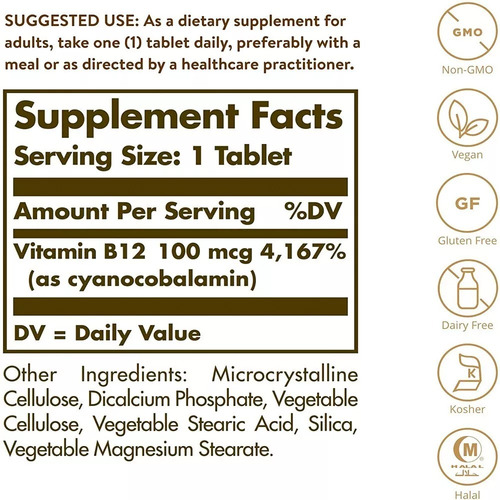 Solgar Vitamina B12 100 Mcg Con 100 Tabletas Hecho En Usa