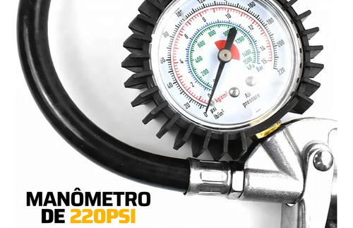 Calibrador E Inflador De Pneus Pneumático Com Manômetro 1/4 Npt 16bar 220 Libras Btbp1000 The Black Tools + 2 Mangueiras Espirais 5M