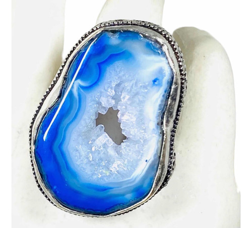 Anillo Plata India Agata Azul Geoda Drusa 100%  Natural N15-