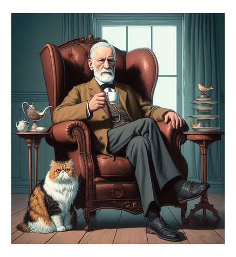 Vinilo 60x60cm Freud Psicologia Con Un Gato En Sillon