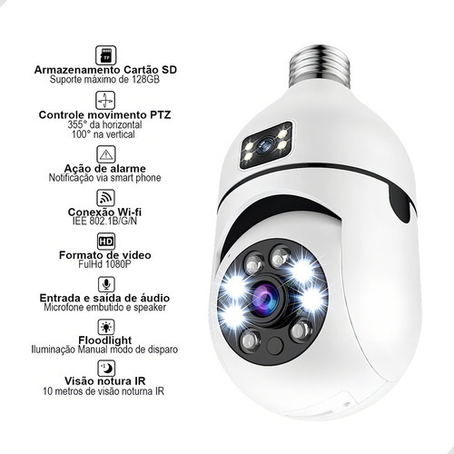 Câmera Segurança Wifi Dupla Lentes Lâmpada Visão Noturna 360