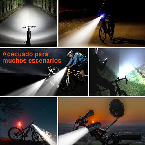 Liefine® Lampara Luces Para Bicicleta Moto Recargable 10000mah Kit, Lampara Bicicleta 5 Led Luces De Bicicleta Accesorios Con Luz Trasera Bicicleta Recargable 5 Modos Linterna Usb Color Negro