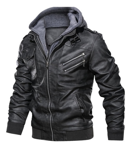 Jaqueta Masculina De Couro Com Zíper Slim Fit