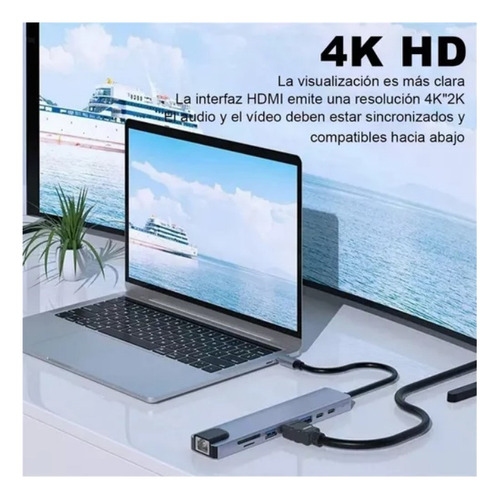 Hub 8 En 1 Usb C Usb 3.0 Hdmi 4k Pd Tf Sd Rj45 Lan 100mbps