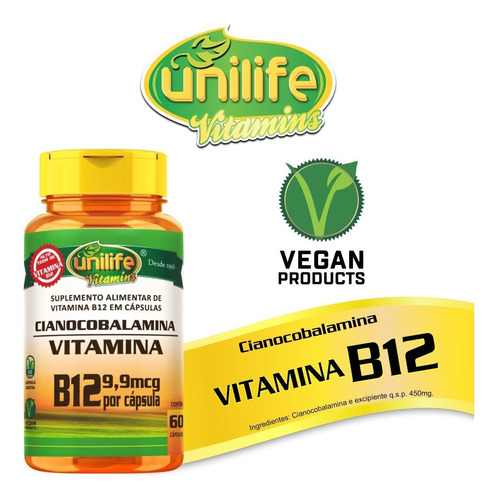 Vitamina B12 Cobalamina 60 Cápsulas 450mg Unilife Vitamins