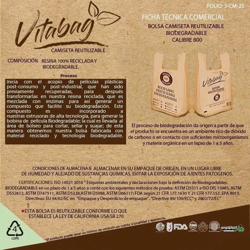 20 Bolsas De Camiseta Reutilizable Y Biodegradable Vitabag