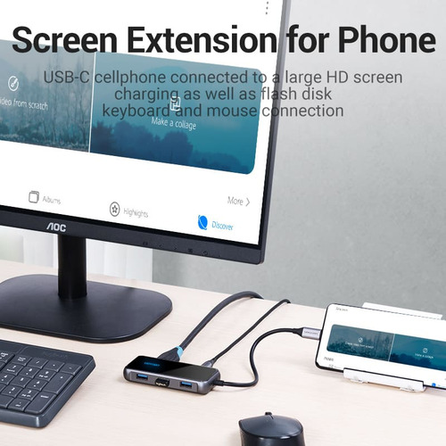 Hub Usb Multipuerto Vention - 5 En 1 - Usb C A Hdmi + 3 Puertos Usb 3.0 + Power Delivery Usb C 87w - 4k 60hz - Carcasa Aluminio - 15 Cm - Premium Para Teclado / Disco Rigido / Mac / Laptop - Tfbhb