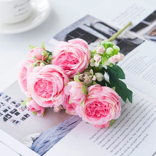 10 Ramo Flores Artificial Peonias Artificiales Flor Ramo Rosa