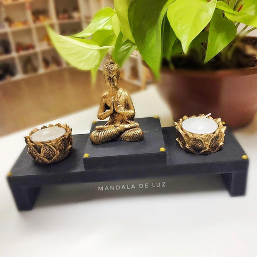 Imagem 3 de 9 de Kit Altar Castiçal Vela Buda Meditando Dourado Zen 17cm