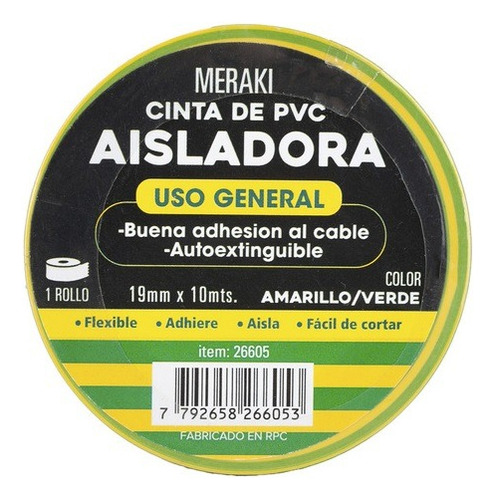 Cinta Aisladora Pvc Autoextinguible 19mm X 10mts Meraki Color Verde Y Amarillo Rayado