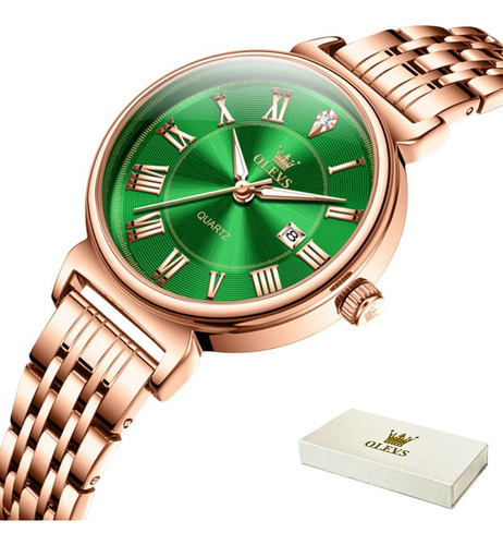 Reloj Elegante De Cuarzo Inoxidable Olevs Calendar Fondo Verde