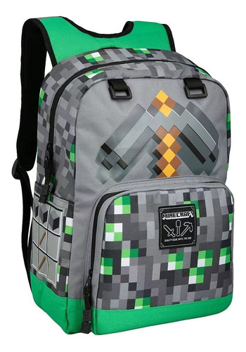 Mochila Escolar De Minecraft Para Meninos Caneta, 3 Piezas Color Gris Diseño De La Tela Rayado