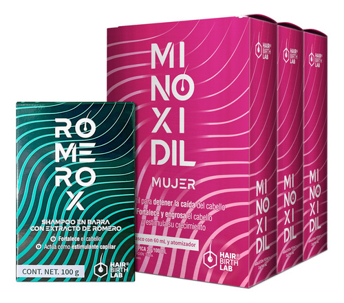 Minoxidil Mujer 3 Pack + Shampoo Anticaída Romerox