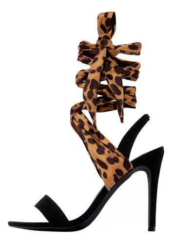 Sandalia Cordon Tira Cruzada Estampado Leopardo Tacon