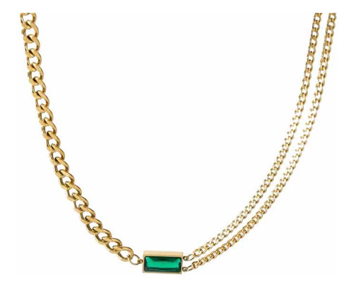 Collar Cadena Eslabones Bañado En Oro Cristal Verde Esmerald