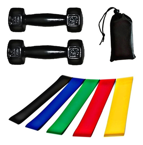Bandas De Resistencia + Par Mancuernas 1.5 Kg C/u Hexagonal