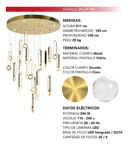 Lampara Colgante Moderna Kingu Doble Altura Dorado