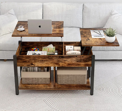 Mesa De Centro Elevable Con Compartimentos Ocultos Y Estante De Almacenamiento, Mesa Auxiliar Para Sala,mesa Expandible Madera