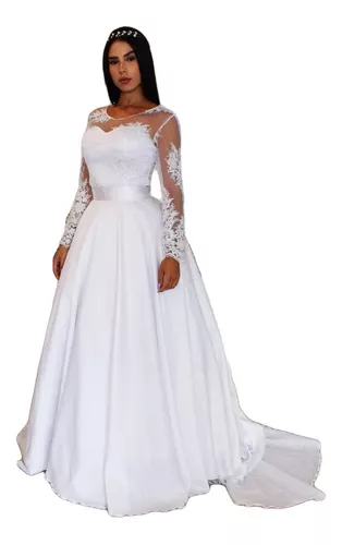 Vestido de Noiva Casamento Estilo Princesa Super Luxo com Cauda Longa  Rendado Vestido de Noiva Princesa Rendado Manga Longa (38, BRANCO)