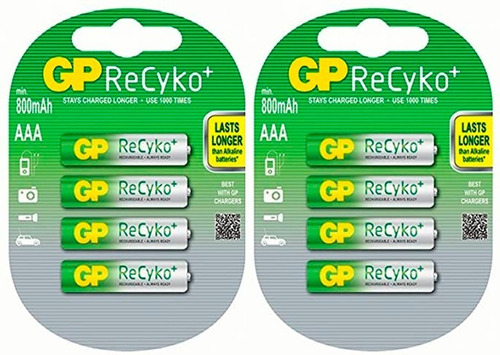 8 Pilhas Palito Gp Aaa 800mah Recyko Recarregáveis Bateria