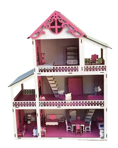 Casinha Casa de Boneca Barbie Polly Pintada 25 Móveis Madeira Mdf