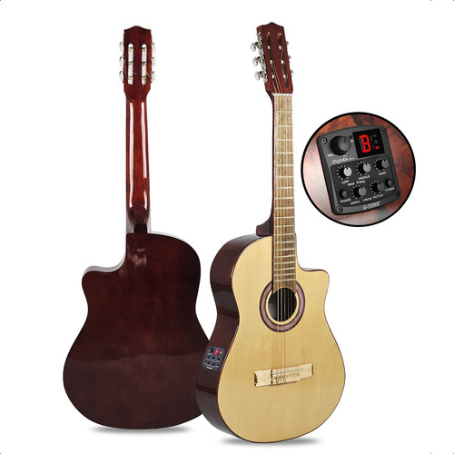 Guitarra Electroacustica Clasica Eq Afinador Funda Pua Color Natural Con Corte Orientación De La Mano Diestro