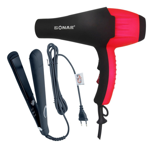 Kit Secador E Chapinha Profissional Potente Chapa Prancha Cor Vermelho Com Preto 110v