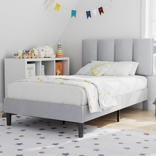 Base De Cama Individual Tapizada Resistente Color Gris Claro