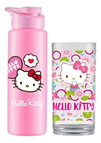 Kit Squeeze 750ml Plástico +  Copo Acrílico Hello Kitty Luxo