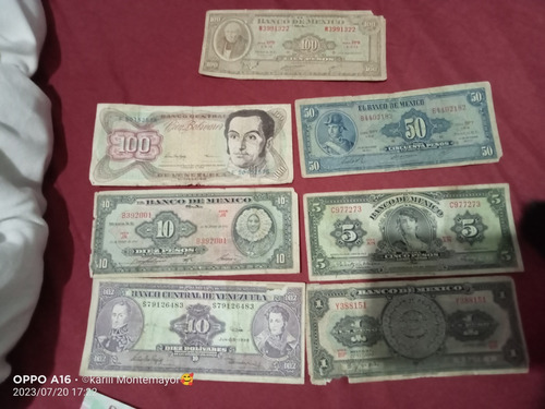 Billetes Antiguos De 100,50,5,10,1 Mexicano Y Venezolano