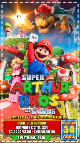 Convite Virtual Arte Digital Super Mario Bros o Filme