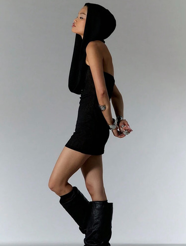 Vestido Corto Negro Capucha Fiesta Festival Rave Importado