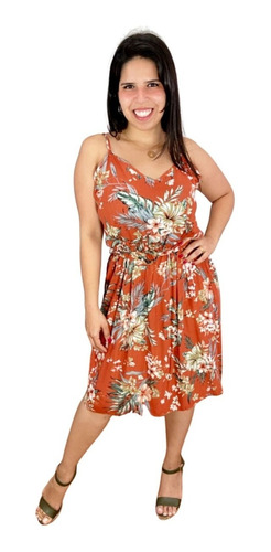 Vestido Floral Midi Viscose De Alcinha Com Cinto Lançamento