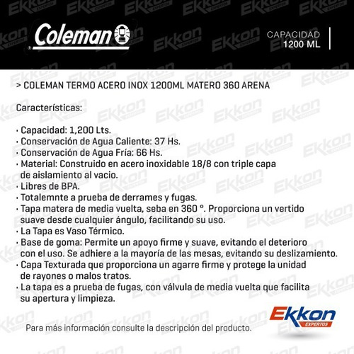 Imagen 2 de 9 de Termo De Acero Inoxidable Coleman 1.2 L Matero 360 Arena