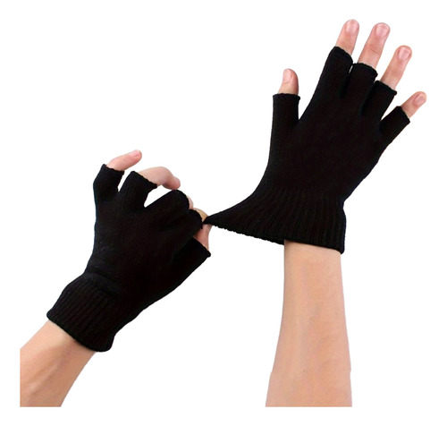 Guantes Lana Dedos Cortados Negro Unisex Rock Invierno Negro Liso