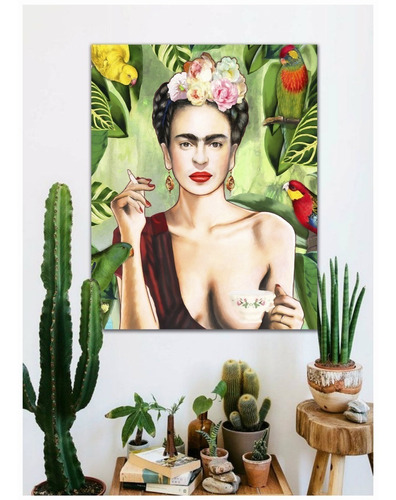 Cuadro Frida Kahlo Con  Taza En Lienzo Canvas Artístico Algo