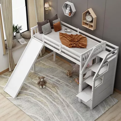 Cama tipo loft con escritorio y escaleras, cama tipo loft de tamaño  individual con escalera de almacenamiento, cama alta de madera con escalón  para