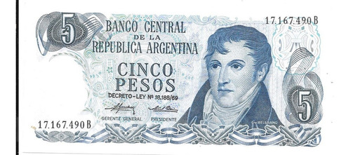 Liquido Billete Argentina 5 Pesos Leyenda Decreto Ley Unc