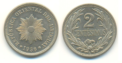 Uruguay 2 Centavos 1936 Km 20 S/c