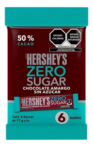3 Pza Barras De Chocolate Hershey's Zero Sugar Amargo 102 G