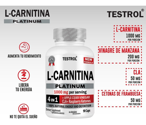 Imagen 3 de 7 de L-carnitina Platinum 1000mg | 4 En 1 | Testrol 90 Cap