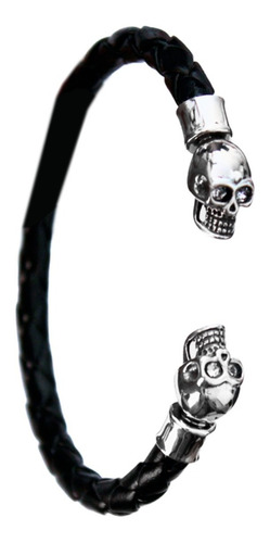 Pulsera Calaveras Plata 925 Piel Genuina Zirconias Ajustable