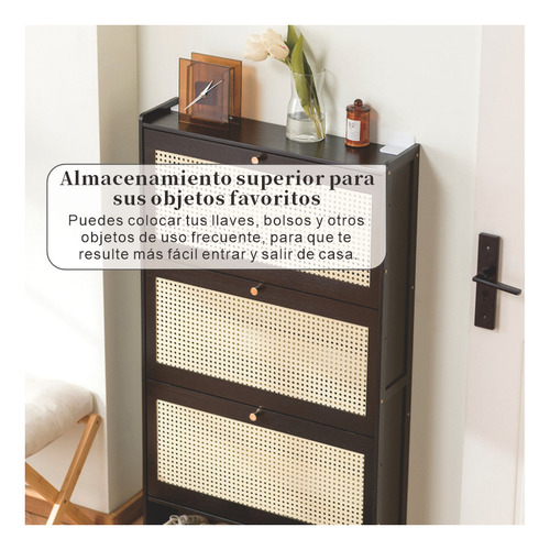 Zapatero Retro 2 Puertas Con Ratán - 3 Niveles, Negro