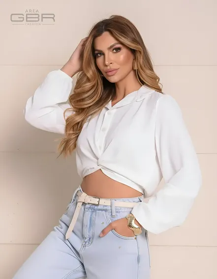Cropped Feminino Manga Longa Nó E Gola Clássica Confortável Branco Off-white M 40-42