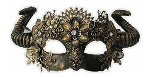 Antique Gold Steampunk Fancy Eye Mask W Horns Flowers Adult 