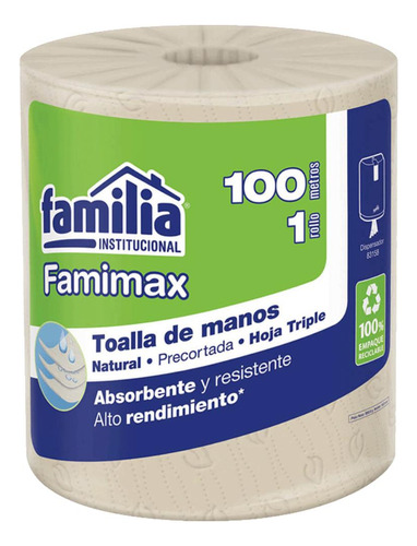 Toalla Manos Flujo Central Natural Hoja Triple 1 Rollox100m